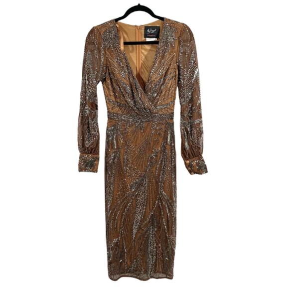 Mac Duggal 5295 Cuffed Sleeve Embellished Dress in Mocha – Size 4 - Picture 4 of 6